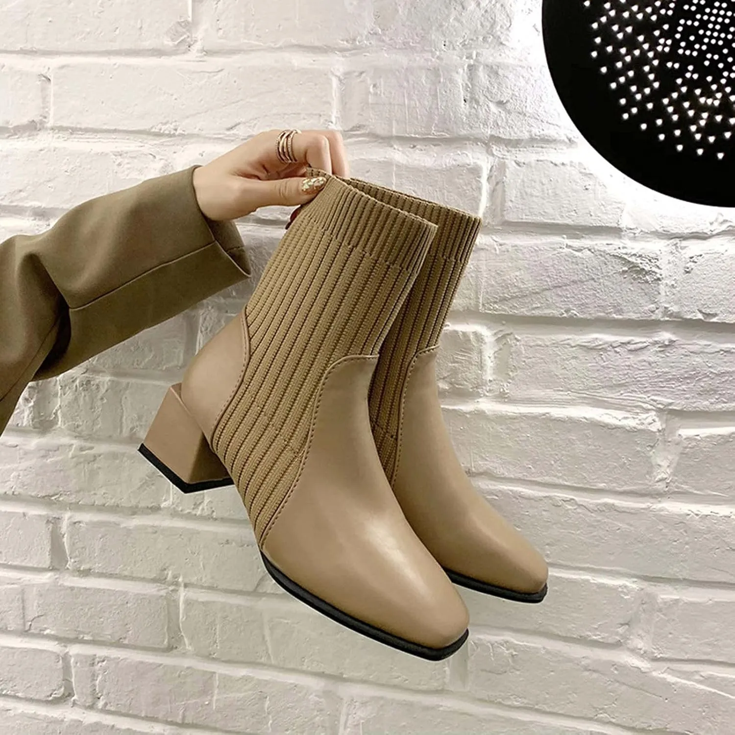 hlysgo Womens Comfortable Stretch Socks Boots Block High Heel Fall Fashion 2025 Pull On Square Toe Casual Booties
