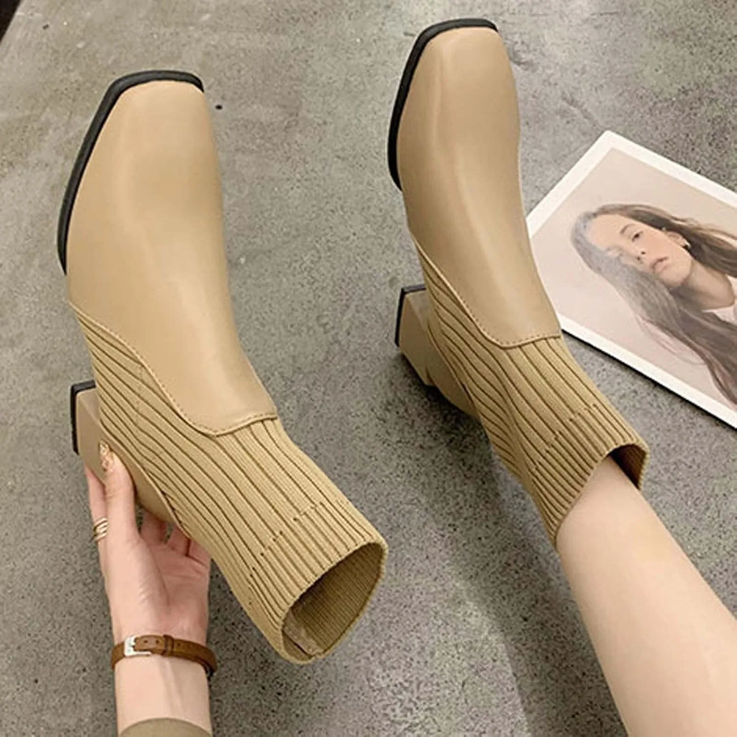 hlysgo Womens Comfortable Stretch Socks Boots Block High Heel Fall Fashion 2025 Pull On Square Toe Casual Booties