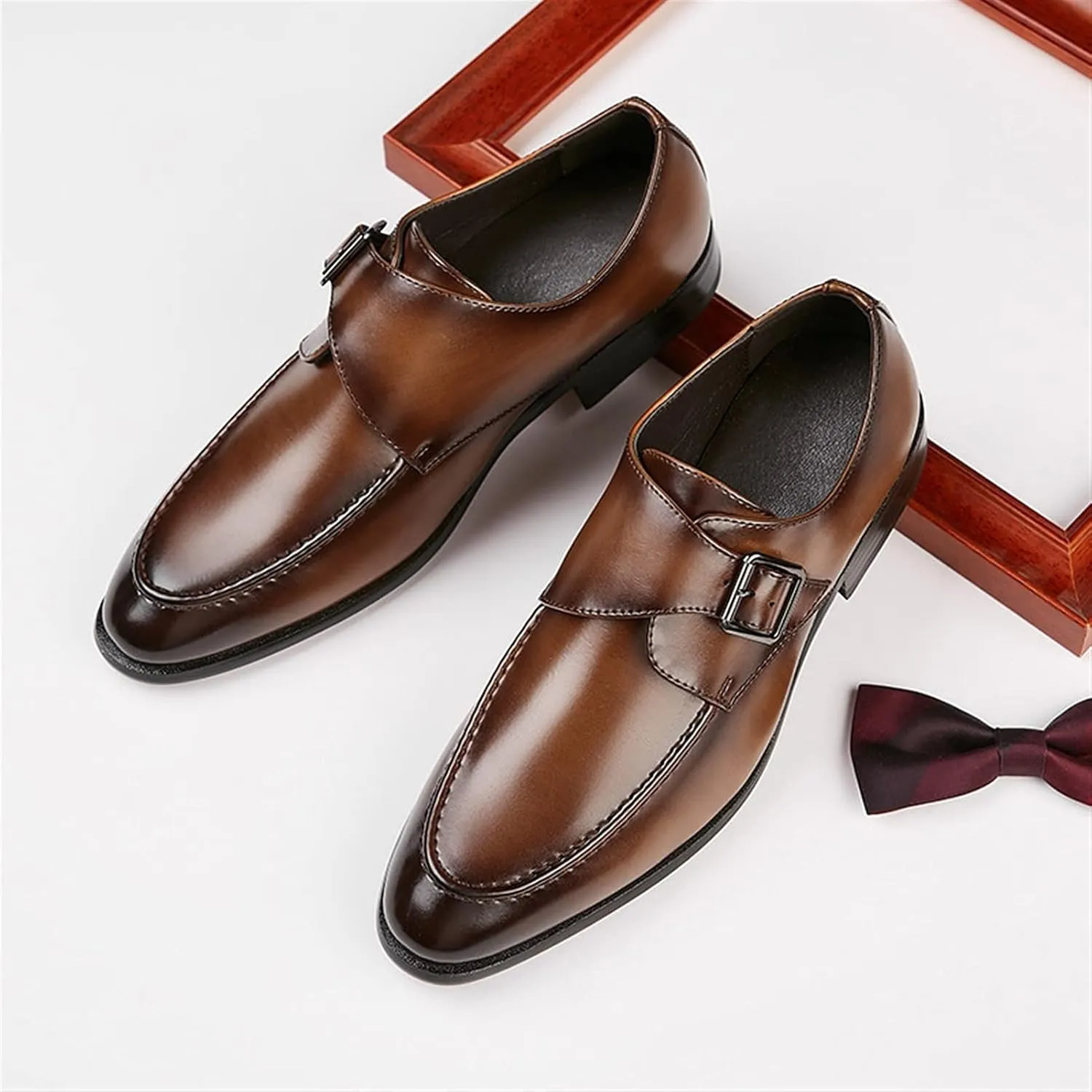HOOENG Dress Oxford for Men Slip on Monk Strap Apron Toe Burnished Toe Vegan Leather Low Top Block Heel Anti-Slip Working