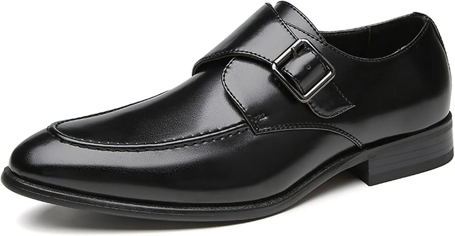 HOOENG Dress Oxford for Men Slip on Monk Strap Apron Toe Burnished Toe Vegan Leather Low Top Block Heel Anti-Slip Working