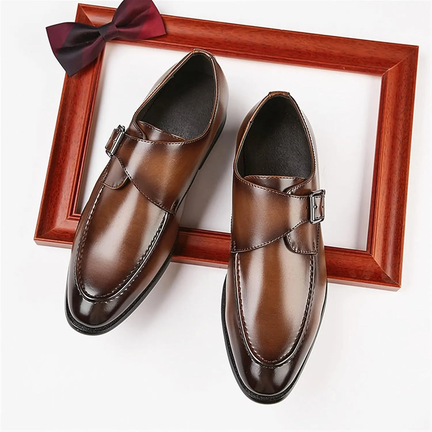 HOOENG Dress Oxford for Men Slip on Monk Strap Apron Toe Burnished Toe Vegan Leather Low Top Block Heel Anti-Slip Working