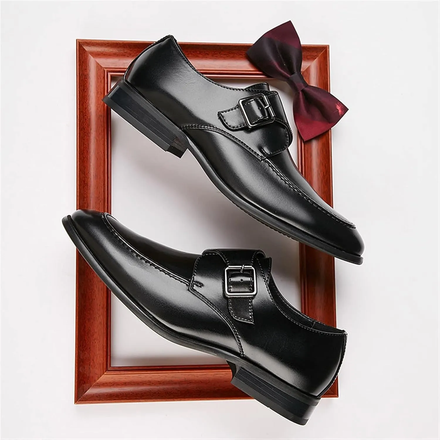 HOOENG Dress Oxford for Men Slip on Monk Strap Apron Toe Burnished Toe Vegan Leather Low Top Block Heel Anti-Slip Working