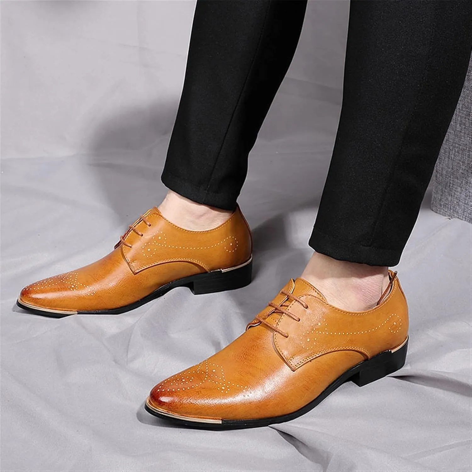 HOOENG Formal Shoes for Men Lace Up Derby Shoes Brogue Embossed Round Toe Vegan Leather Rubber Sole Resistant Non Slip Low Top Wedding