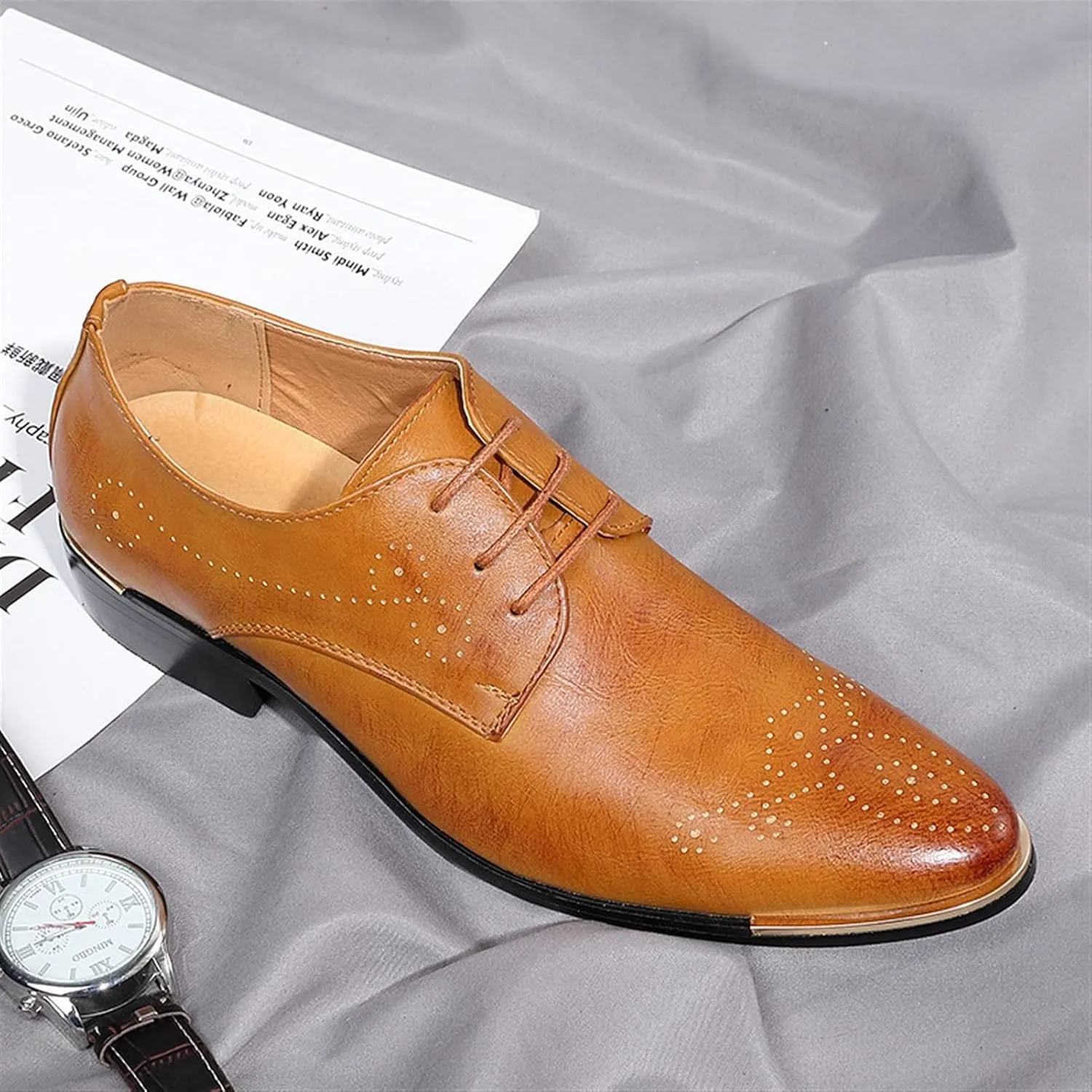 HOOENG Formal Shoes for Men Lace Up Derby Shoes Brogue Embossed Round Toe Vegan Leather Rubber Sole Resistant Non Slip Low Top Wedding
