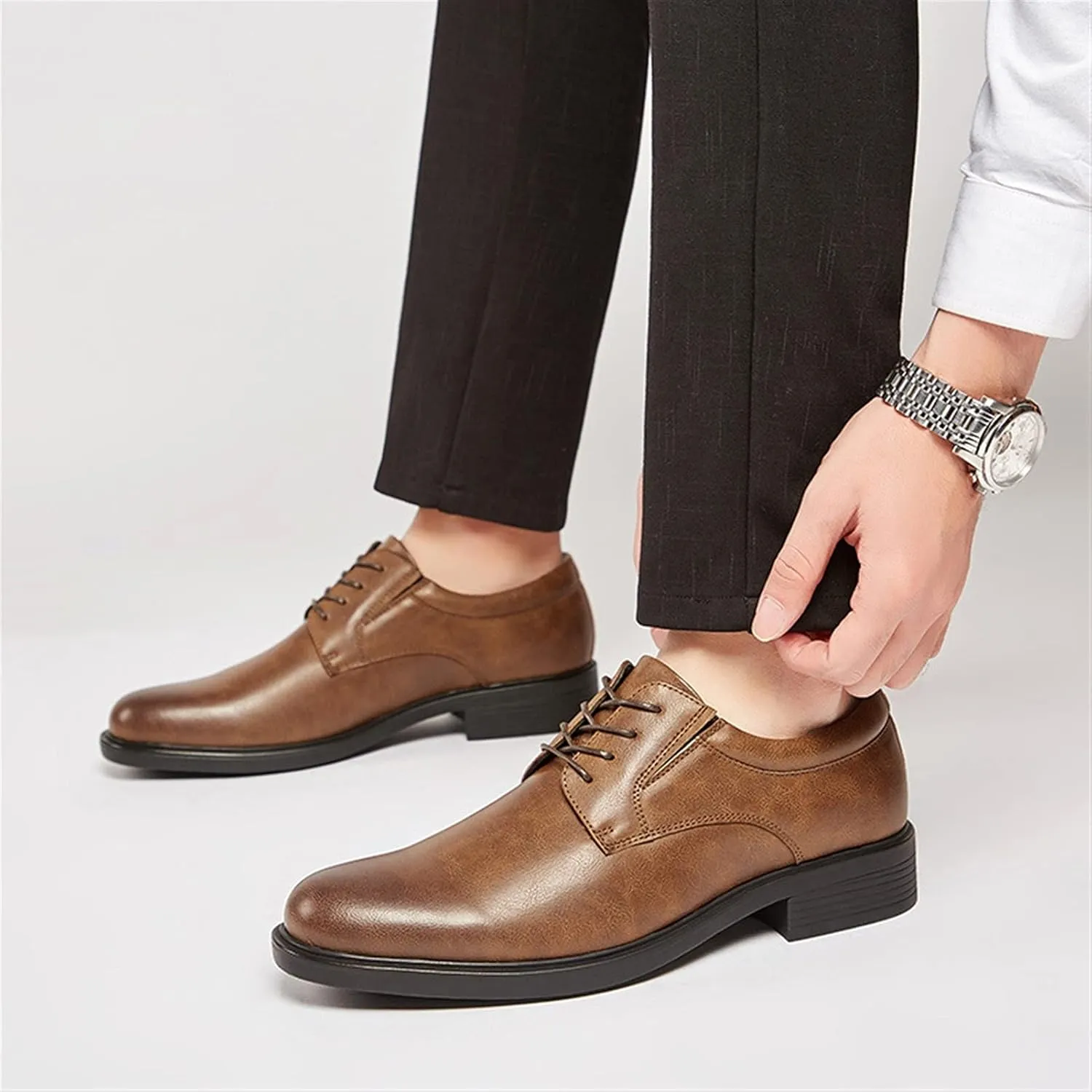 HOOENG Formal Shoes for Men Lace Up Derby Shoes Round Toe Vegan Leather Rubber Sole Low Top Resistant Non Slip Block Heel Wedding