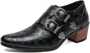 HOOENG Shoes Dress Oxford for Men Slip On Double Monk Strap Carving Hight Heel Vegan Leather Anti-Slip Resistant Non Slip Rubber Sole Block Heel Outdoor (Color : Black, Size : 6.5)