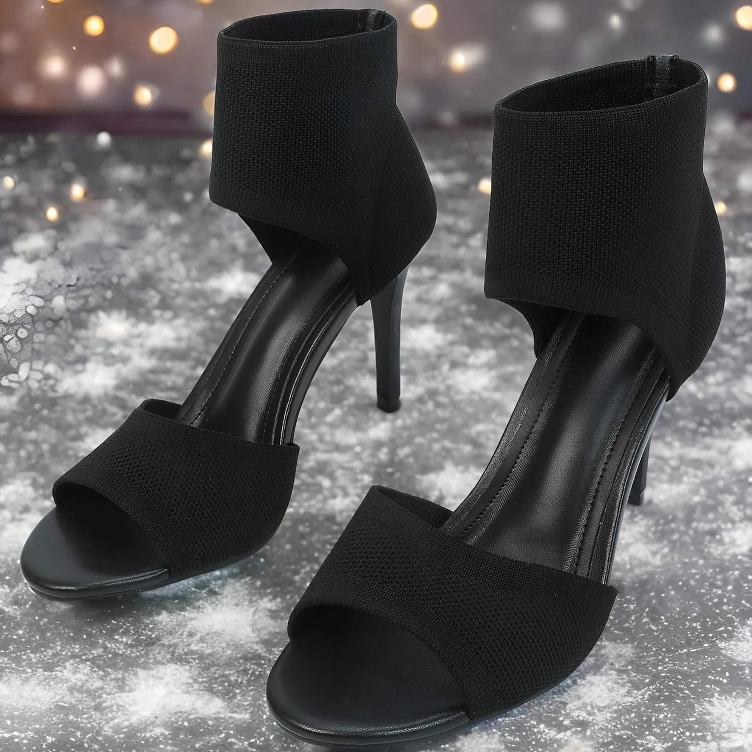 JishinGal High Heels for Women Peep Toe Heels Sandals Stretchy Knit Open Toe High Sexy 3 Inches Stiletto for Dressy and Everyday