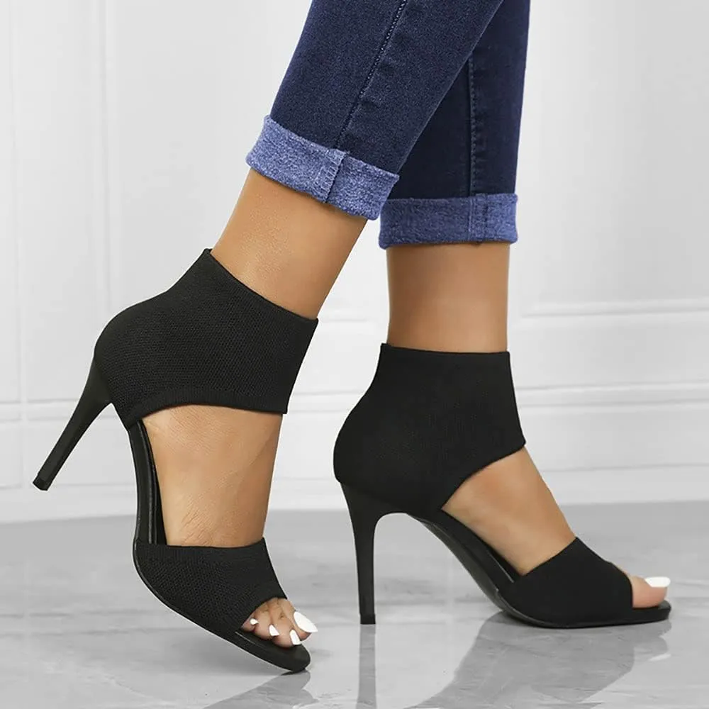 JishinGal High Heels for Women Peep Toe Heels Sandals Stretchy Knit Open Toe High Sexy 3 Inches Stiletto for Dressy and Everyday