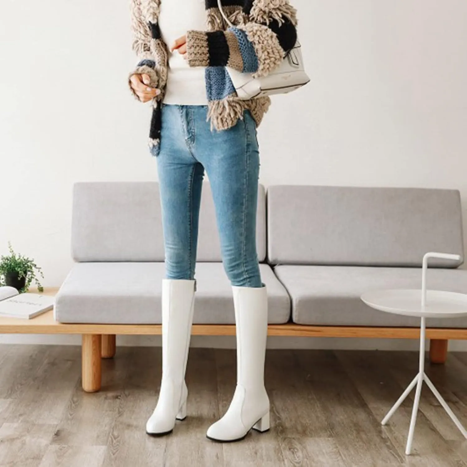 Knee High Boots Women Chunky Heel Boots Women's Autumn And Winter Thick Heel Side Zipper Middle Heel Boots 2024