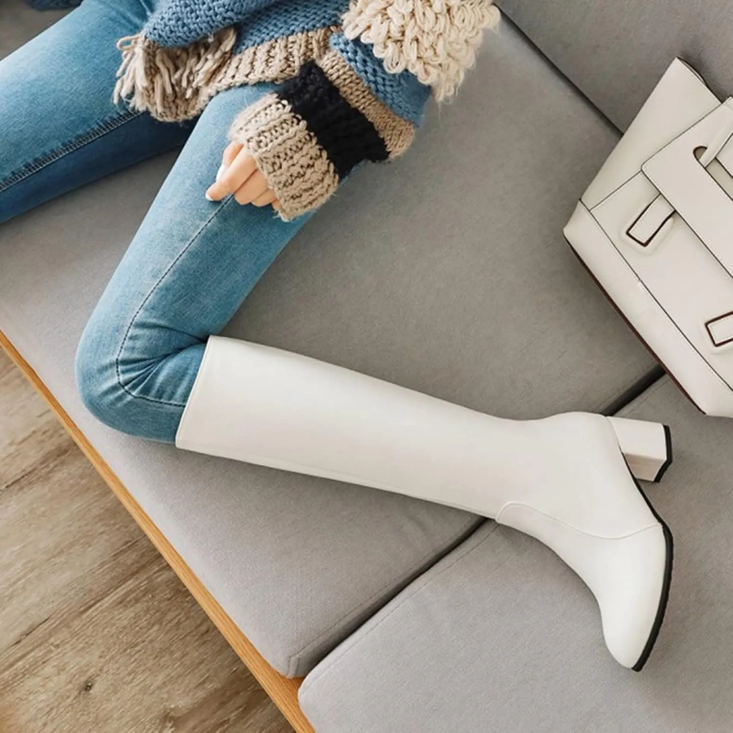 Knee High Boots Women Chunky Heel Boots Women's Autumn And Winter Thick Heel Side Zipper Middle Heel Boots 2024