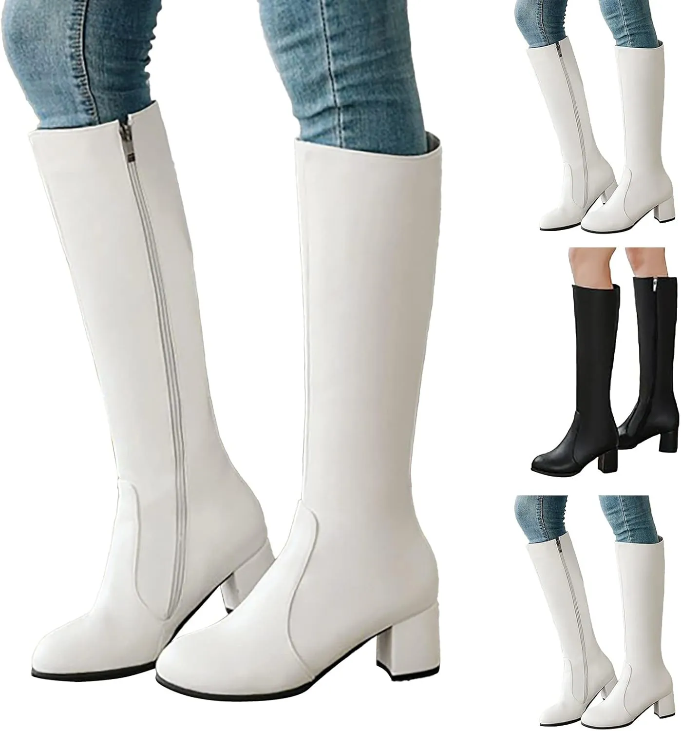 Knee High Boots Women Chunky Heel Boots Women's Autumn And Winter Thick Heel Side Zipper Middle Heel Boots 2024