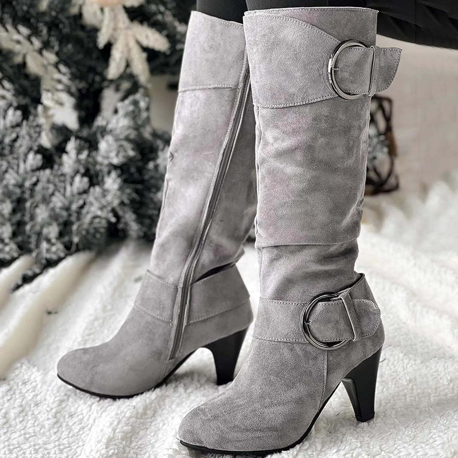 Knee High Boots Women High Heel Fashion Belt Buckle Wine Glass Heel Pointed Toe Solid Color Thigh High Knee Boots