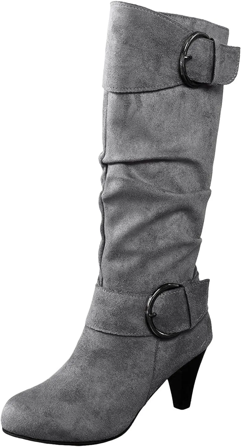 Knee High Boots Women High Heel Fashion Belt Buckle Wine Glass Heel Pointed Toe Solid Color Thigh High Knee Boots