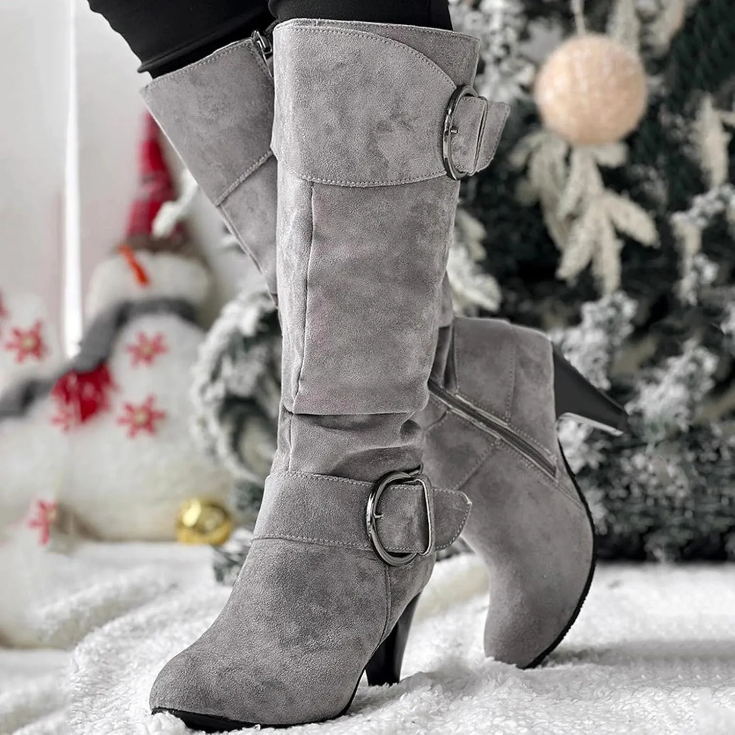 Knee High Boots Women High Heel Fashion Belt Buckle Wine Glass Heel Pointed Toe Solid Color Thigh High Knee Boots