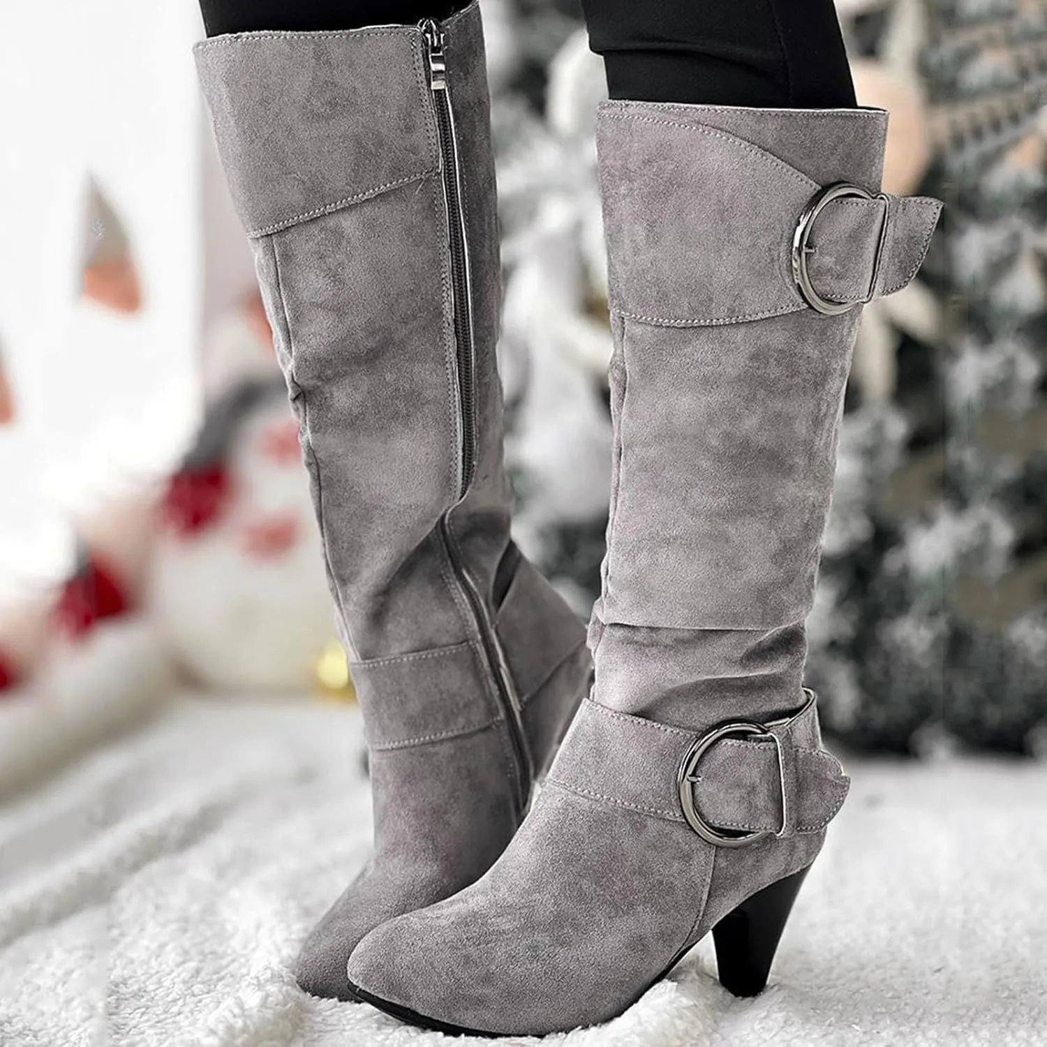 Knee High Boots Women High Heel Fashion Belt Buckle Wine Glass Heel Pointed Toe Solid Color Thigh High Knee Boots