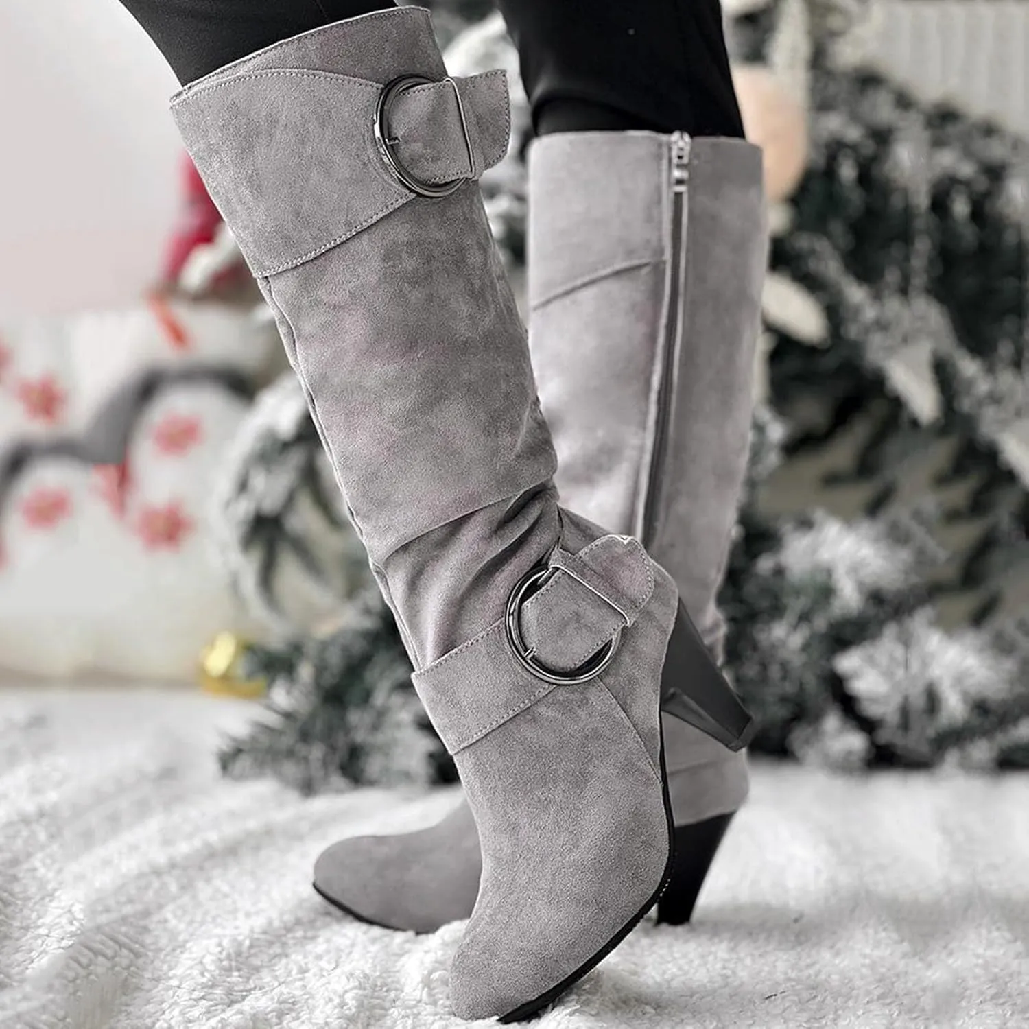 Knee High Boots Women High Heel Fashion Belt Buckle Wine Glass Heel Pointed Toe Solid Color Thigh High Knee Boots