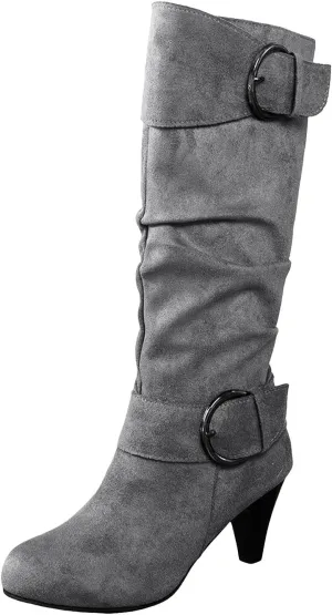 Knee High Boots Women High Heel Fashion Belt Buckle Wine Glass Heel Pointed Toe Solid Color Thigh High Knee Boots