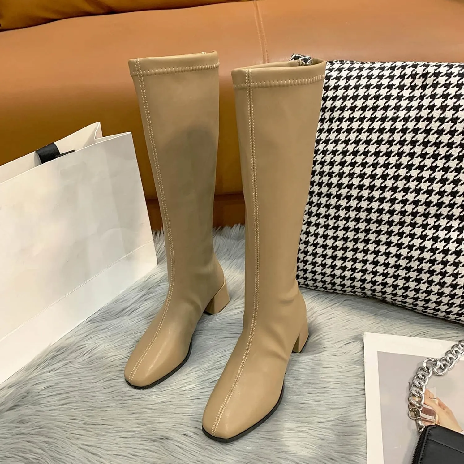 Knee High Boots Women Low Heel Fashion Round Toe Leather Thick Sole Square Heel Zipper Solid Color Mid Calf Boots