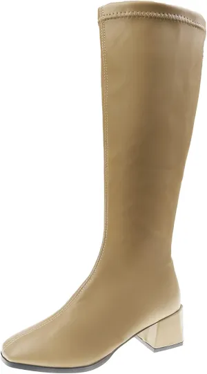 Knee High Boots Women Low Heel Fashion Round Toe Leather Thick Sole Square Heel Zipper Solid Color Mid Calf Boots