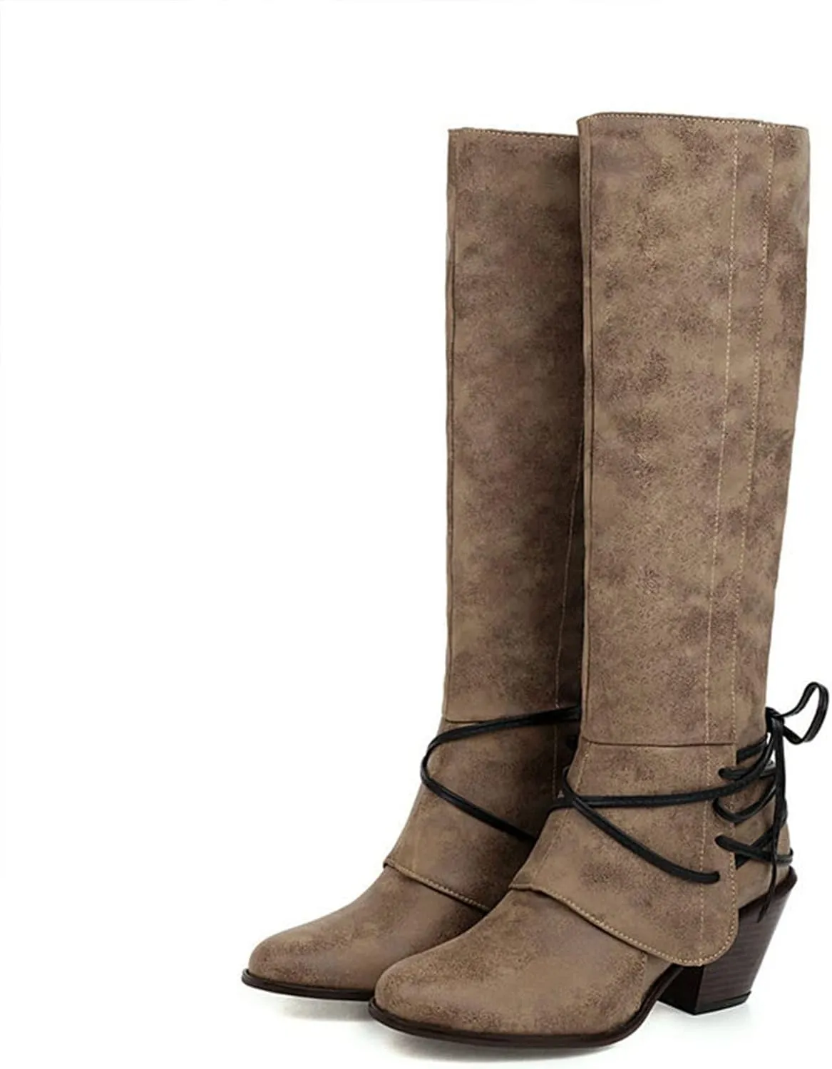 Knee High Boots Women - Vintage Pointed Toe Straps Lace Up Chunky Heel Long Boots Winter Warm Solid High Heel Leather Riding Boots Casual Shoes