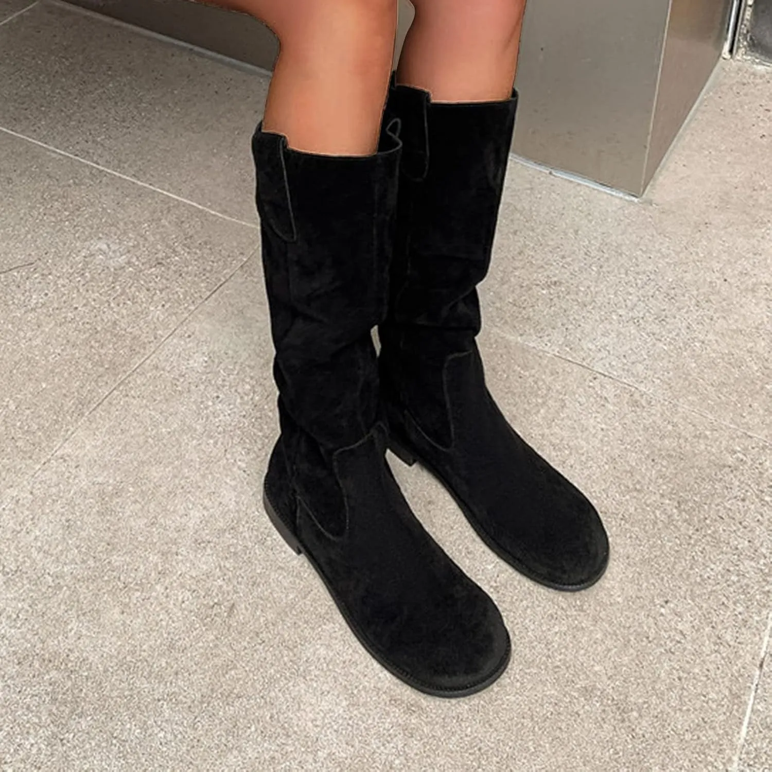 Knee High Boots Women Winter Boots for Women Retro Knee High Boots Flat Low Heel Solid Color Sleeve Mid Calf Boots