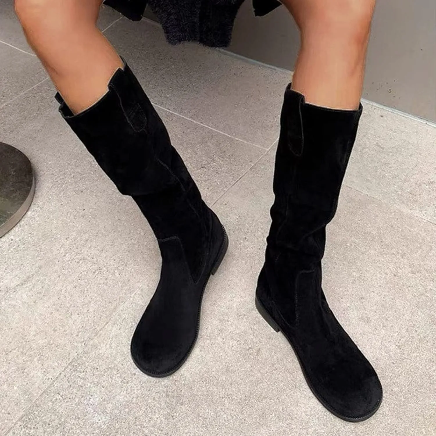 Knee High Boots Women Winter Boots for Women Retro Knee High Boots Flat Low Heel Solid Color Sleeve Mid Calf Boots