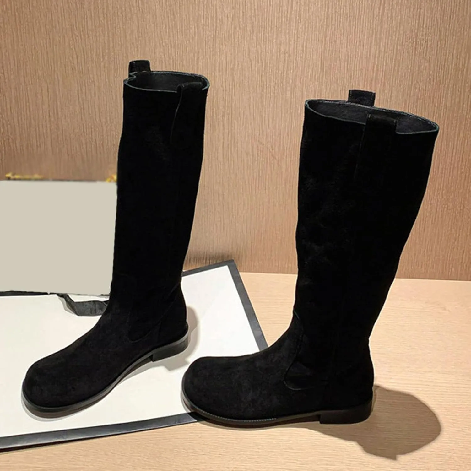 Knee High Boots Women Winter Boots for Women Retro Knee High Boots Flat Low Heel Solid Color Sleeve Mid Calf Boots