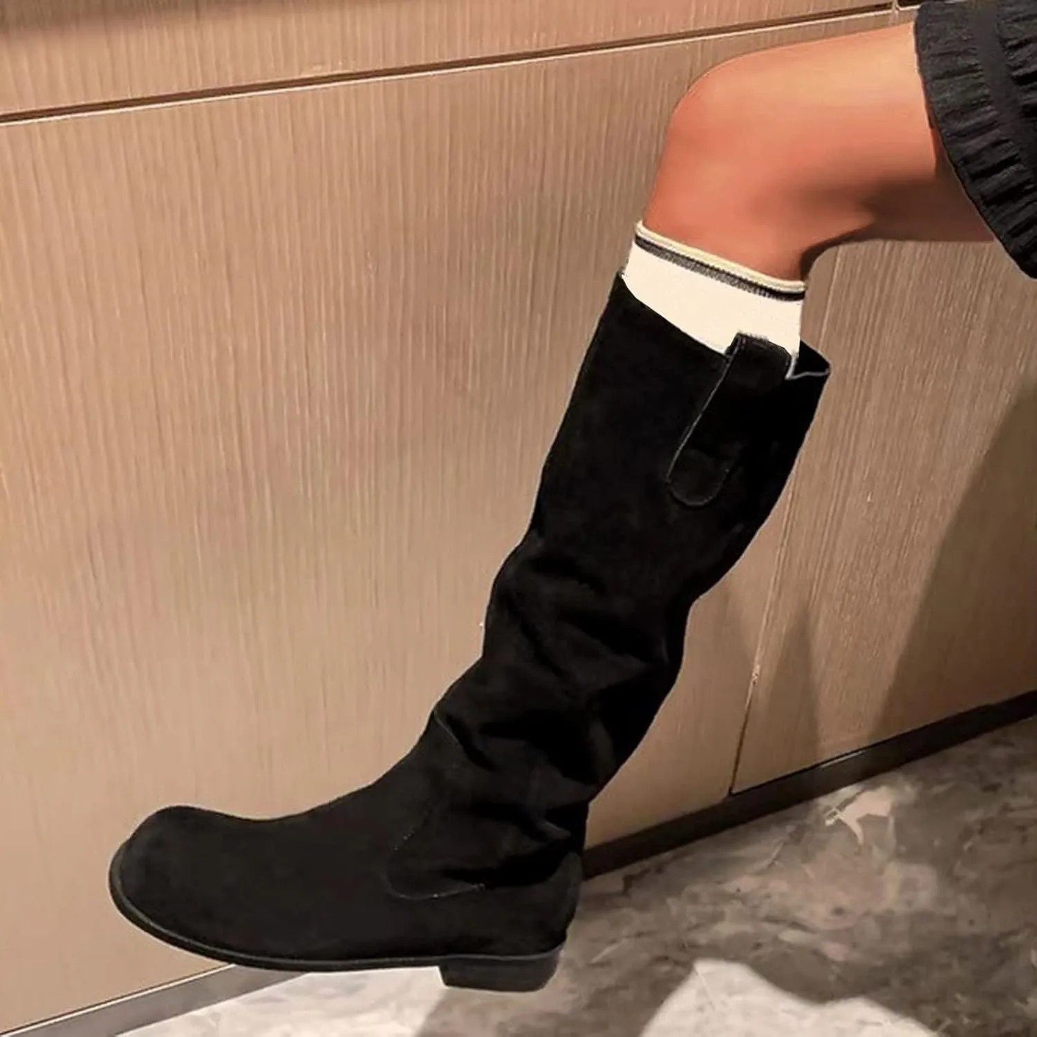 Knee High Boots Women Winter Boots for Women Retro Knee High Boots Flat Low Heel Solid Color Sleeve Mid Calf Boots