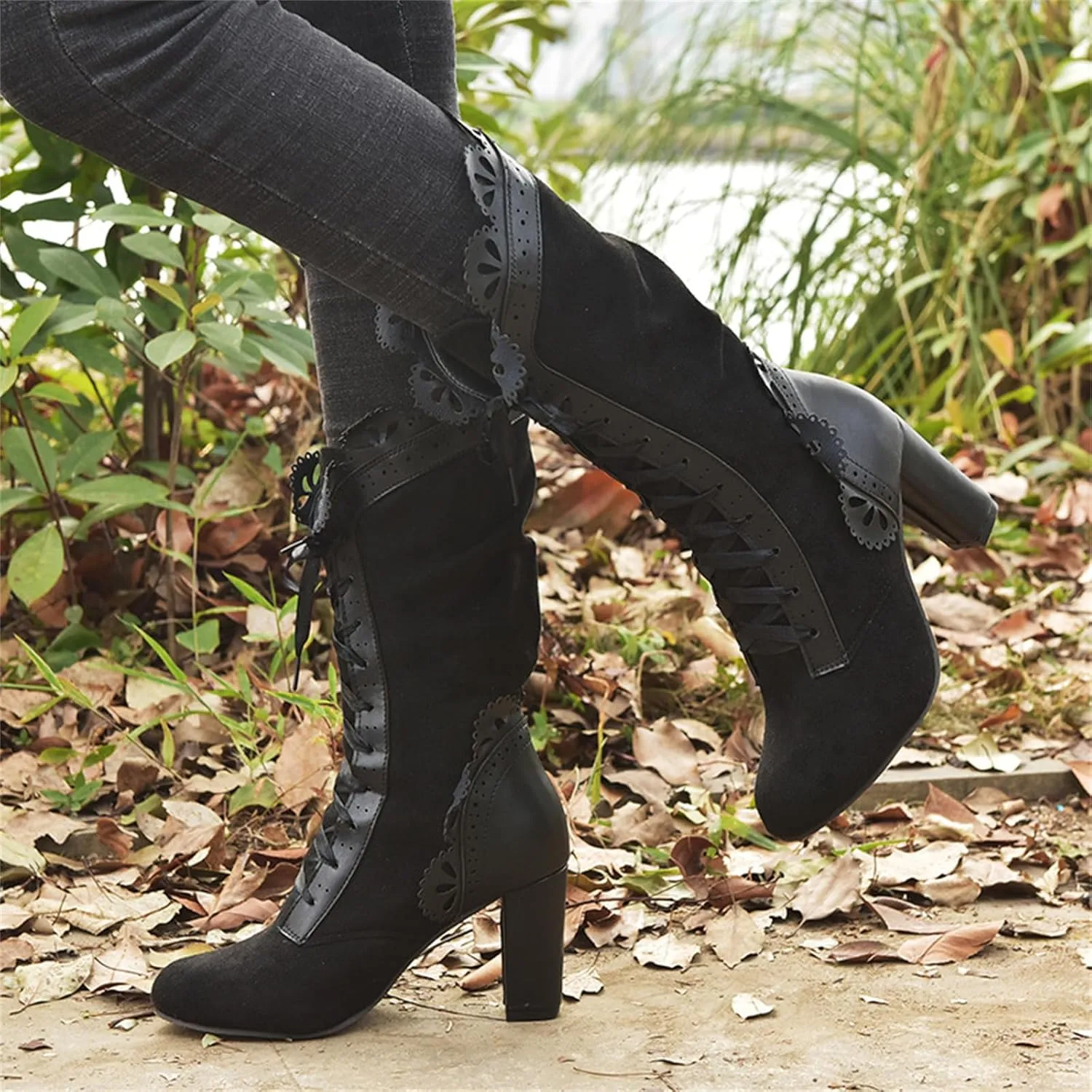 Ladmiple Fall Boots Women Knee High Wide Calf Cone Heel Slouchy Western Cowboy Cowgirl Boots Party Fashion Dress Shoes