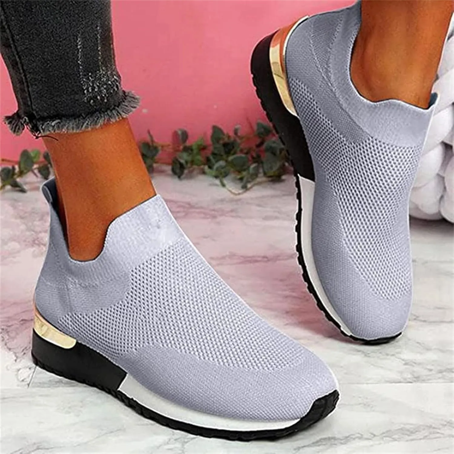 Ladmiple Walking Sneakers For Women Wide Width Slip On Running Shoes Non Slip Gym Workout Tennis Fashion Mesh Sneakers