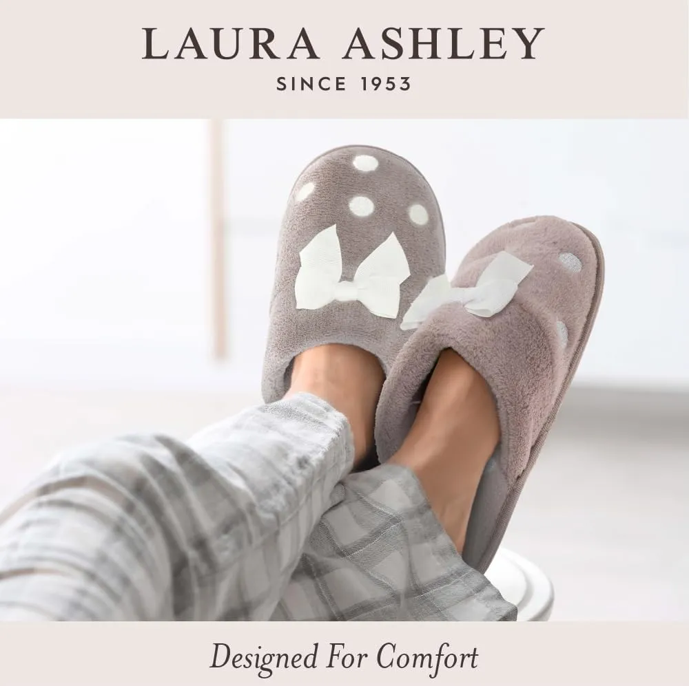 Laura Ashley Womens Plush Memory Foam Wide Collar Fleece Spa Scuff Slippers, Fuzzy Warm Faux Fur Slip On House Shoes Slipper