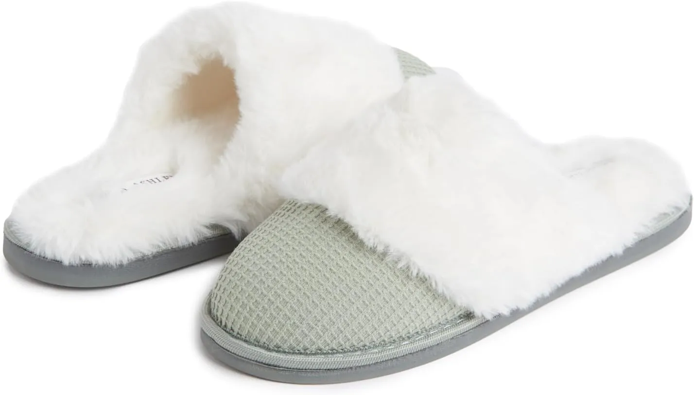 Laura Ashley Womens Plush Memory Foam Wide Collar Fleece Spa Scuff Slippers, Fuzzy Warm Faux Fur Slip On House Shoes Slipper