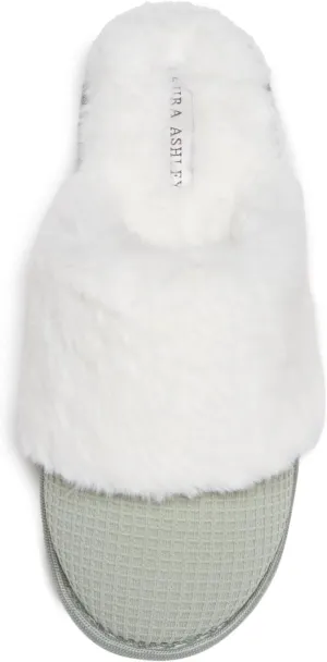 Laura Ashley Womens Plush Memory Foam Wide Collar Fleece Spa Scuff Slippers, Fuzzy Warm Faux Fur Slip On House Shoes Slipper