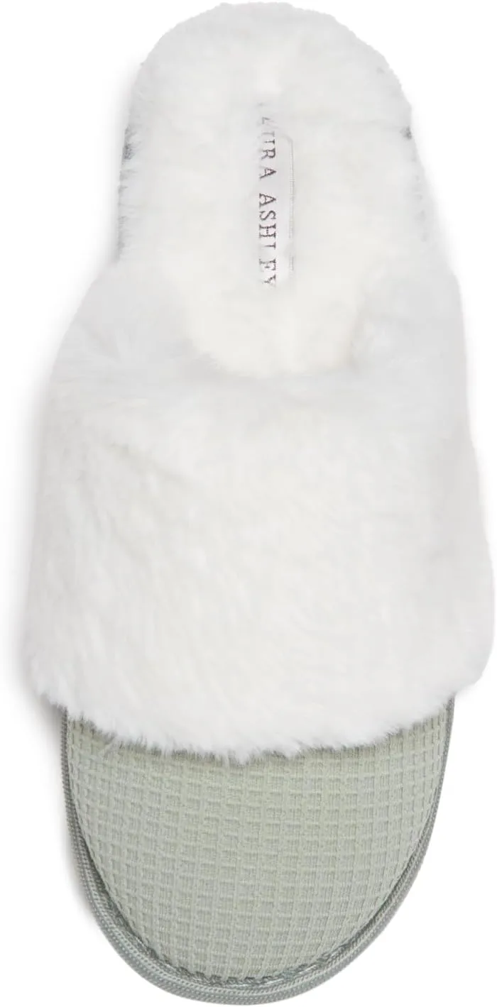 Laura Ashley Womens Plush Memory Foam Wide Collar Fleece Spa Scuff Slippers, Fuzzy Warm Faux Fur Slip On House Shoes Slipper