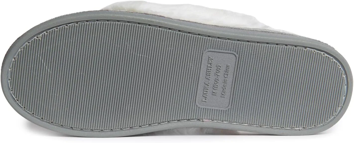 Laura Ashley Womens Plush Memory Foam Wide Collar Fleece Spa Scuff Slippers, Fuzzy Warm Faux Fur Slip On House Shoes Slipper