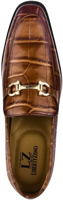 LIBERTYZENO Mens Crocodile Print Genuine Leather Adults Noble Penny Loafers Slip On Shoes for Prom Graduation