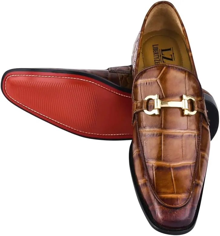 LIBERTYZENO Mens Crocodile Print Genuine Leather Adults Noble Penny Loafers Slip On Shoes for Prom Graduation