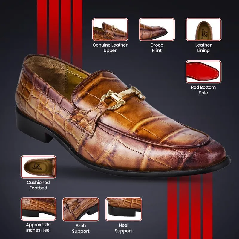 LIBERTYZENO Mens Crocodile Print Genuine Leather Adults Noble Penny Loafers Slip On Shoes for Prom Graduation