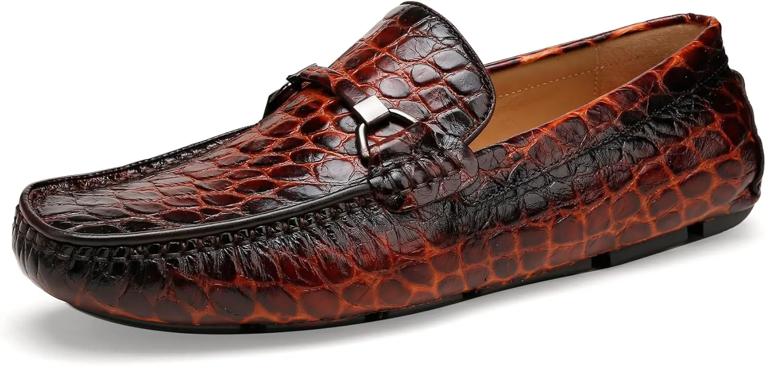 Lightweight Leather Loafers for Men, Crocodile Pattern Causel Slip on Loafers Driving Shoes