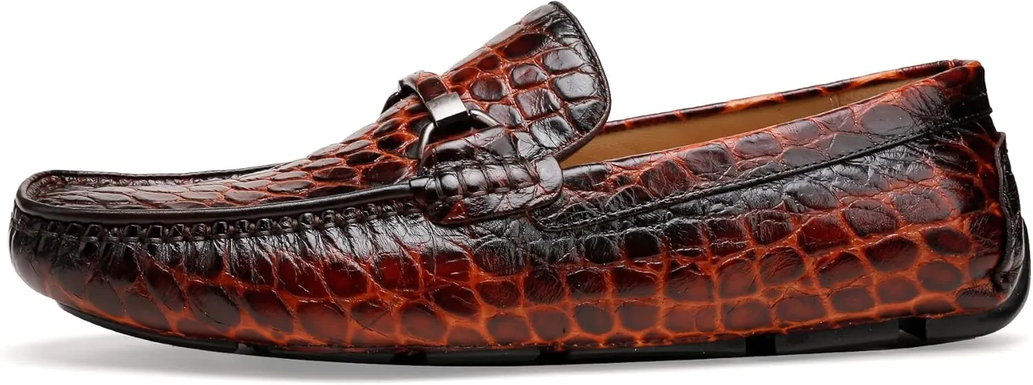 Lightweight Leather Loafers for Men, Crocodile Pattern Causel Slip on Loafers Driving Shoes