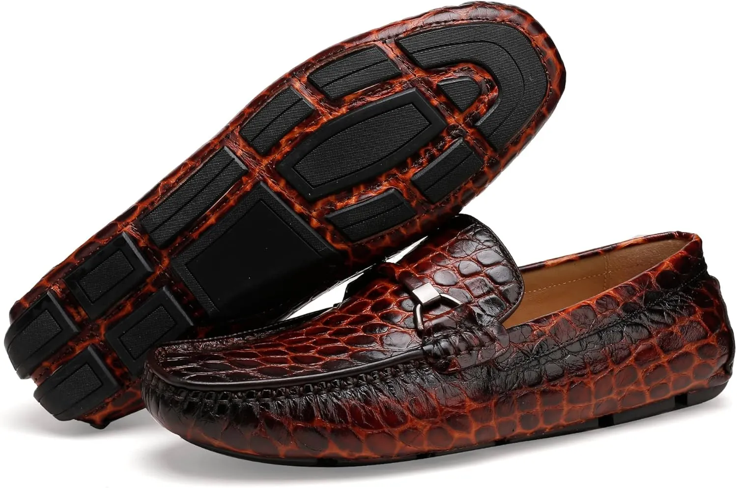 Lightweight Leather Loafers for Men, Crocodile Pattern Causel Slip on Loafers Driving Shoes
