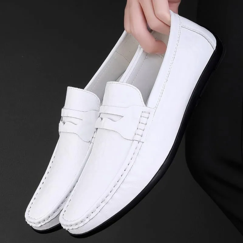 Loafers for Men Round Toe Faux Leather Penny Loafers Comfortable Flat Heel Lightweight Casual Slip On(White,7.5)