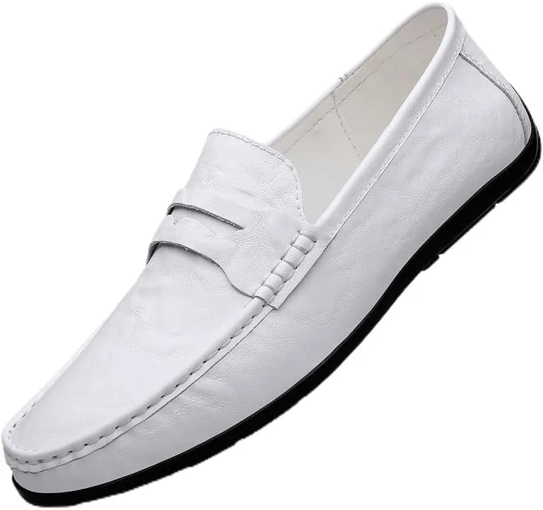 Loafers for Men Round Toe Faux Leather Penny Loafers Comfortable Flat Heel Lightweight Casual Slip On(White,7.5)