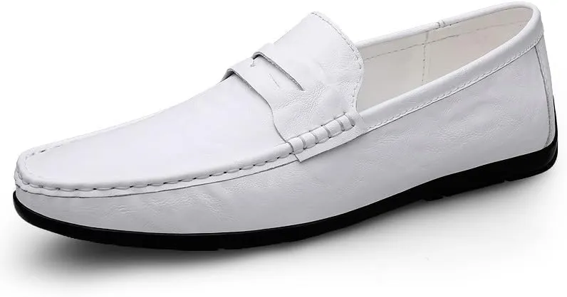 Loafers for Men Round Toe Faux Leather Penny Loafers Comfortable Flat Heel Lightweight Casual Slip On(White,7.5)
