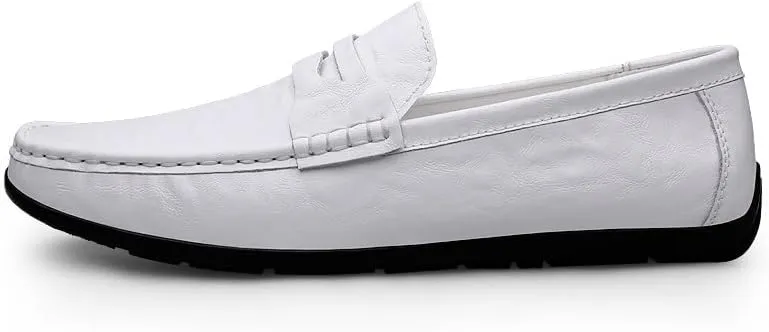 Loafers for Men Round Toe Faux Leather Penny Loafers Comfortable Flat Heel Lightweight Casual Slip On(White,7.5)