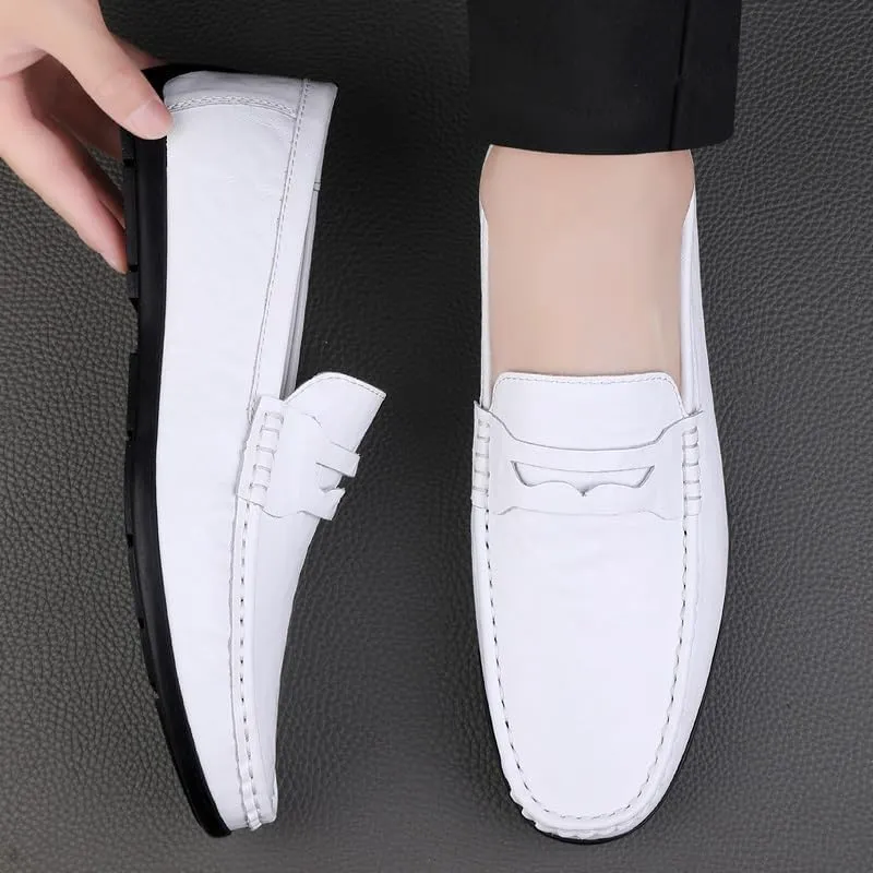 Loafers for Men Round Toe Faux Leather Penny Loafers Comfortable Flat Heel Lightweight Casual Slip On(White,7.5)