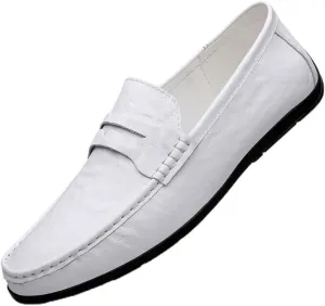 Loafers for Men Round Toe Faux Leather Penny Loafers Comfortable Flat Heel Lightweight Casual Slip On(White,7.5)