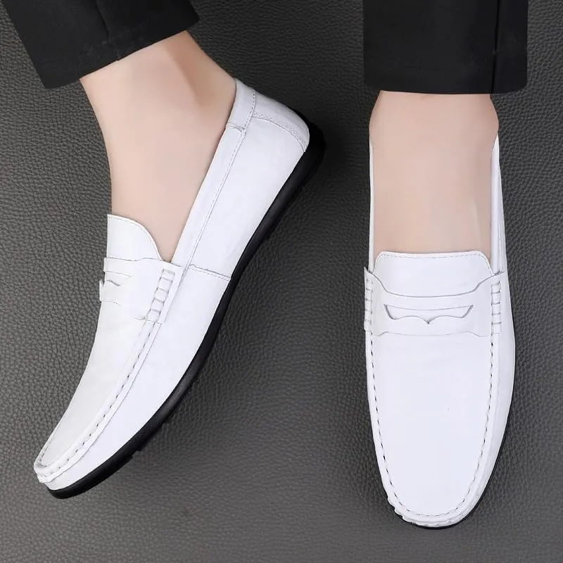 Loafers for Men Round Toe Faux Leather Penny Loafers Comfortable Flat Heel Lightweight Casual Slip On(White,7.5)