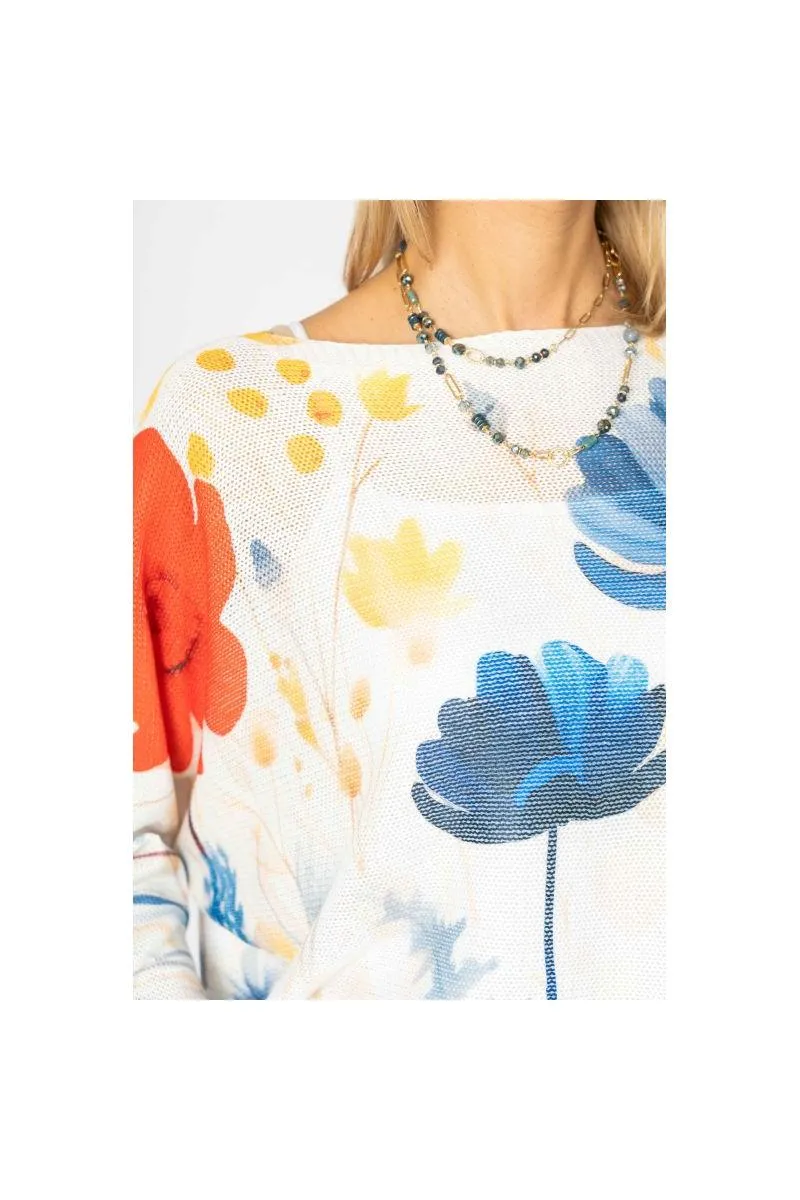 Look Mode Italian Floral Batwing Sweater  Blue & Sunset Bloom