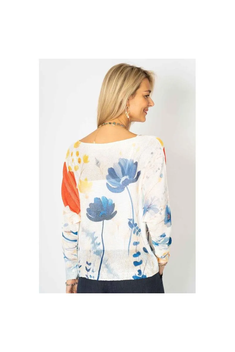 Look Mode Italian Floral Batwing Sweater  Blue & Sunset Bloom